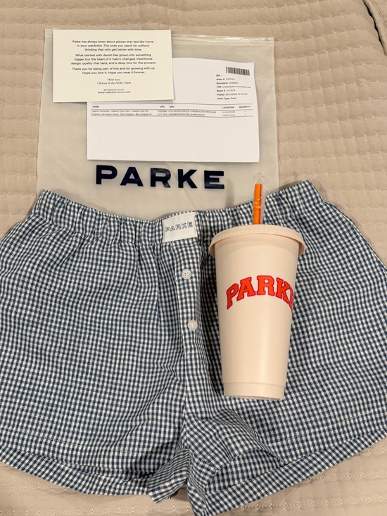 Parke Pants - Parke NEW Blue & White Gingham Boxers shorts medium Dunkin Collab cup